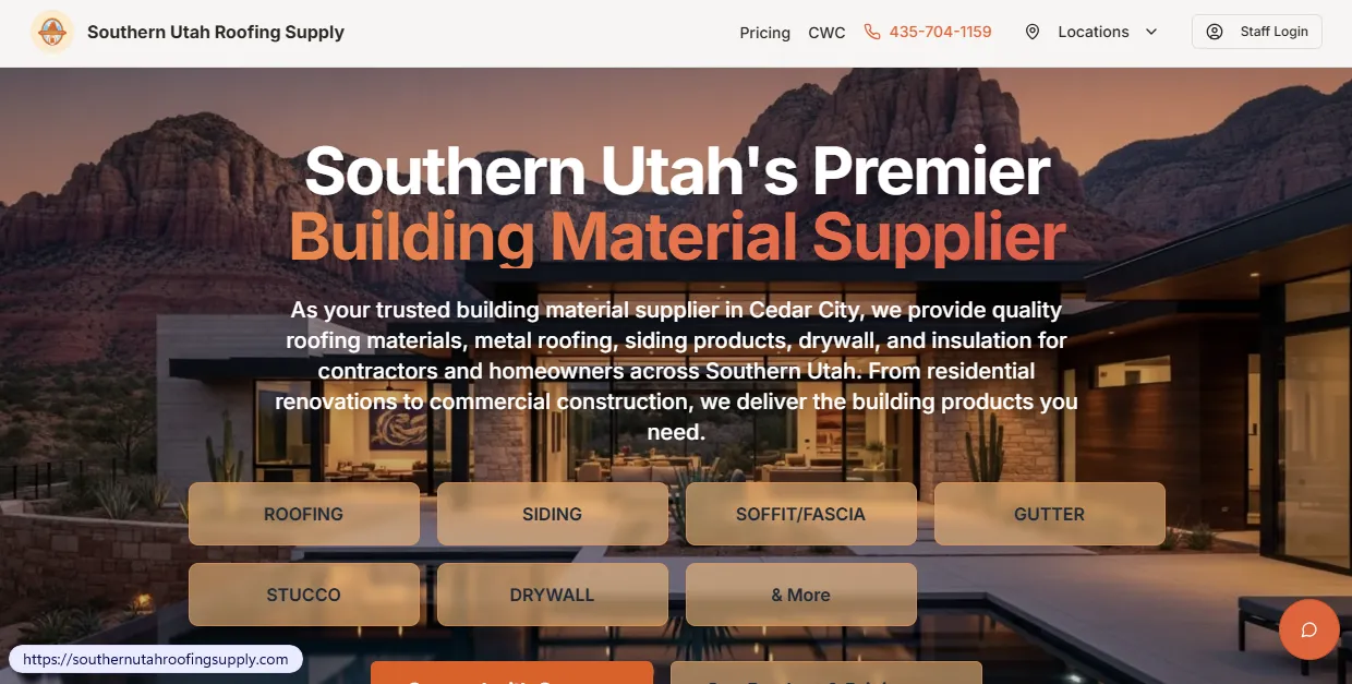 Southern Utah Roofing Supply website screenshot